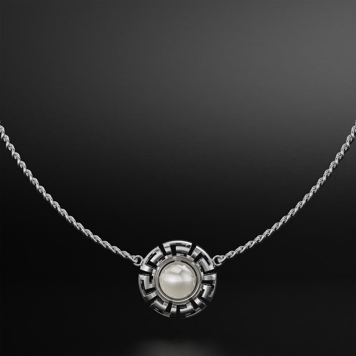 Luxurious Greek Key Pattern Pendant with Pearl - Elegant Art-Inspired Jewelry