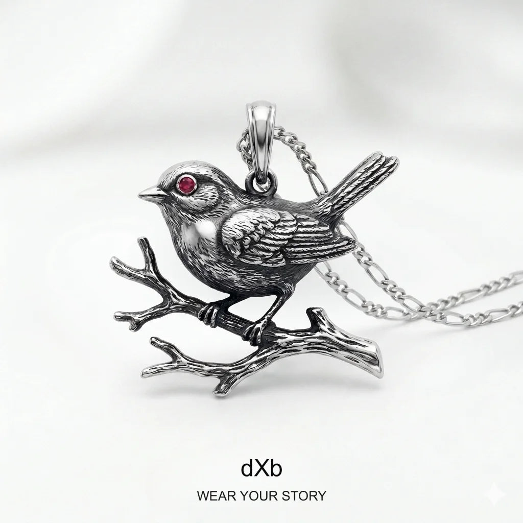 High Polished Silver Oxidized Ruby Bird Pendant in High Polished Silver Oxidized, standing view