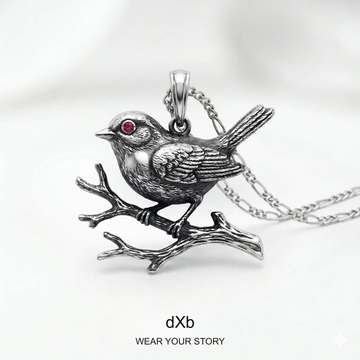 High Polished Silver Oxidized Ruby Bird Pendant in High Polished Silver Oxidized, standing view