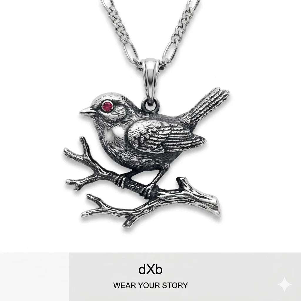 High Polished Silver Oxidized Ruby Bird Pendant in High Polished Silver Oxidized, main view (2)
