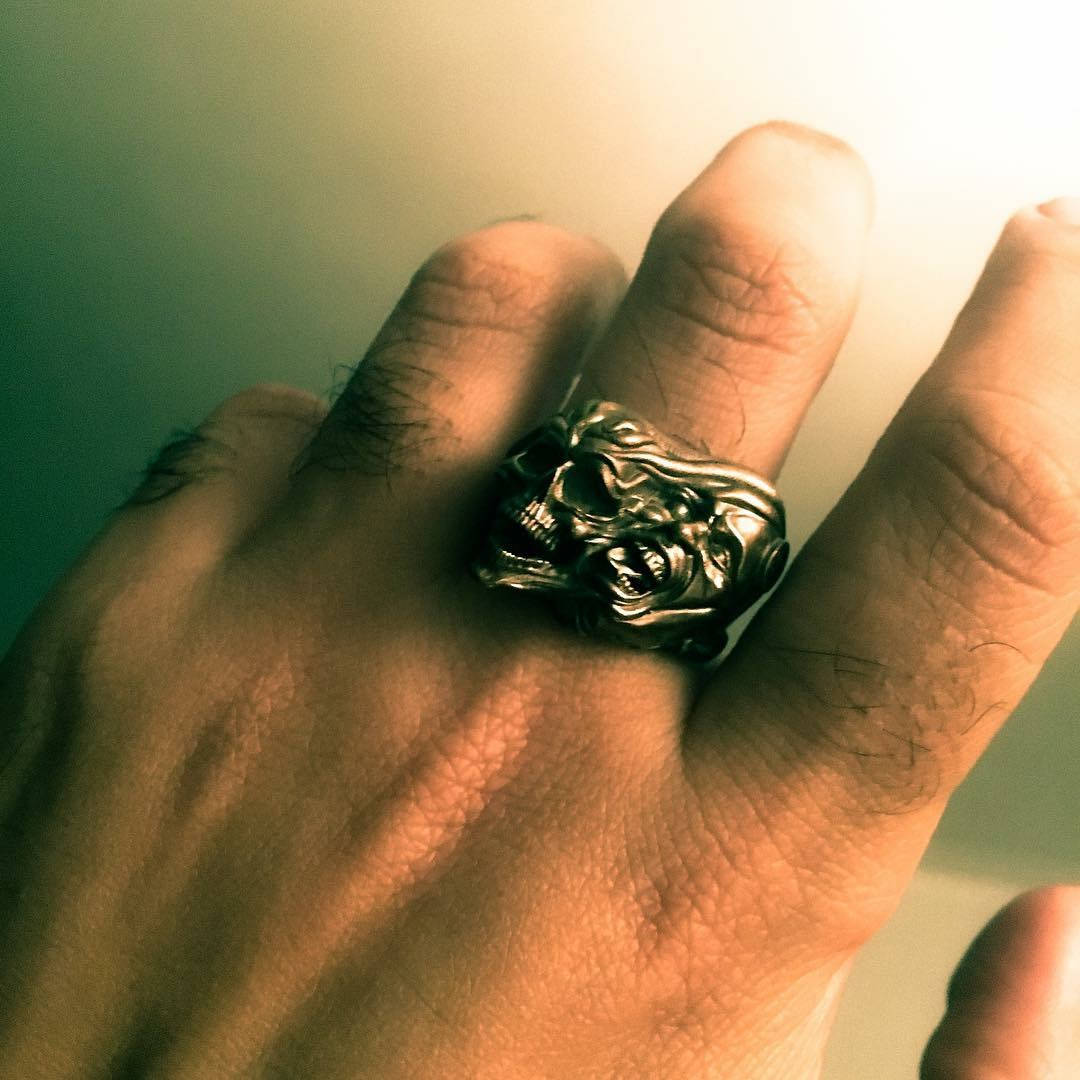 two-face skull ring in sterling silver, gothic biker band, photo 4