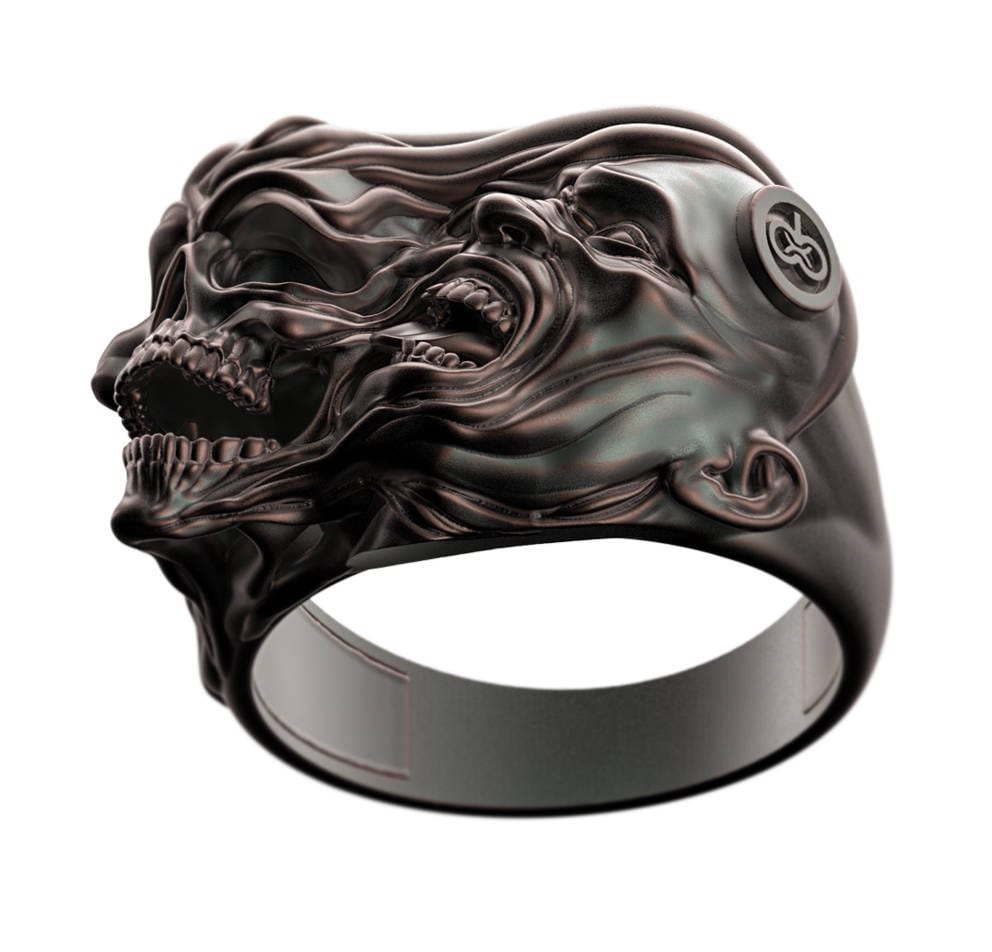 two-face skull ring in sterling silver, gothic biker band, photo 2