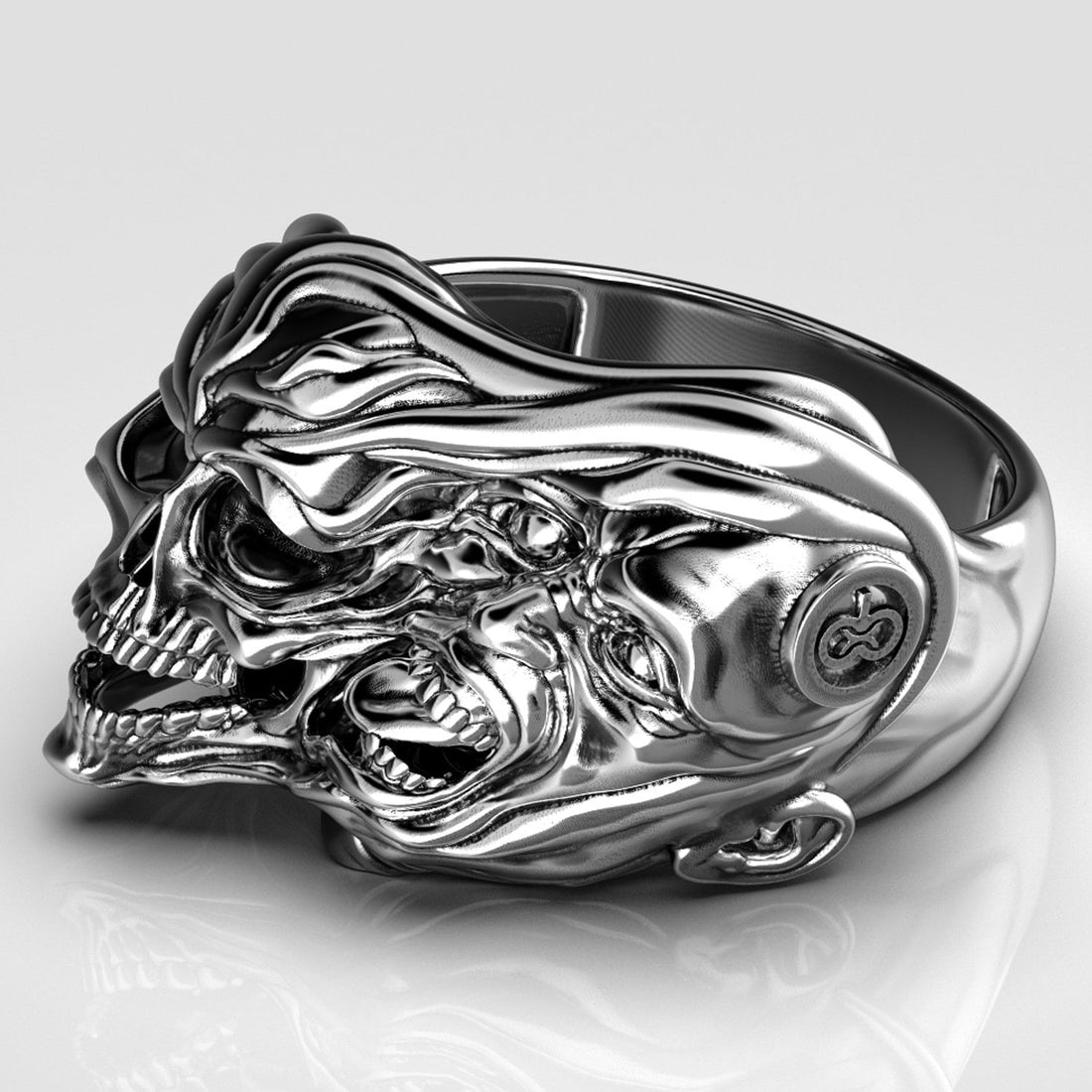 two-face skull ring in sterling silver, gothic biker band, photo 3