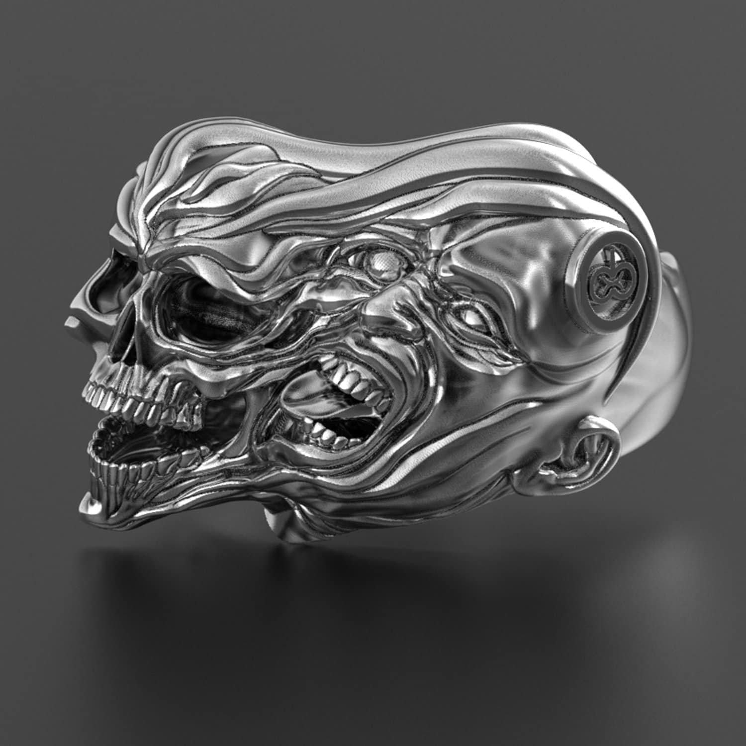 two-face skull ring in sterling silver, gothic biker band, photo 1