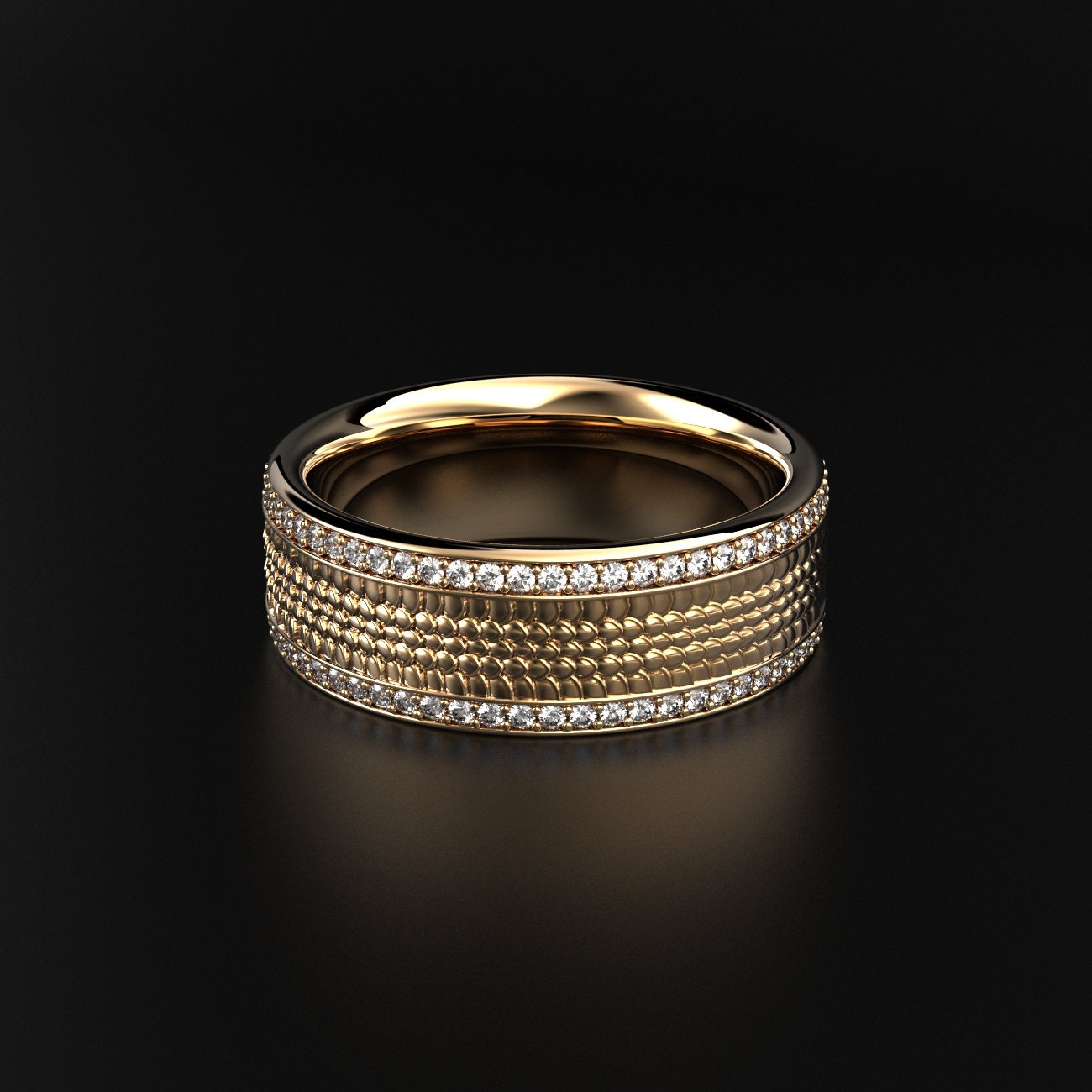men's snake texture wedding band with two stone rows, photo 1