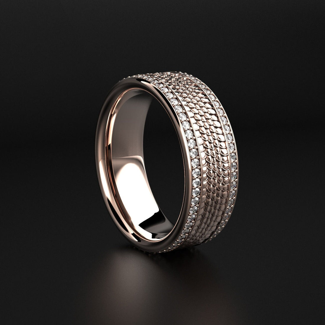 men's snake texture wedding band with two stone rows, photo 4