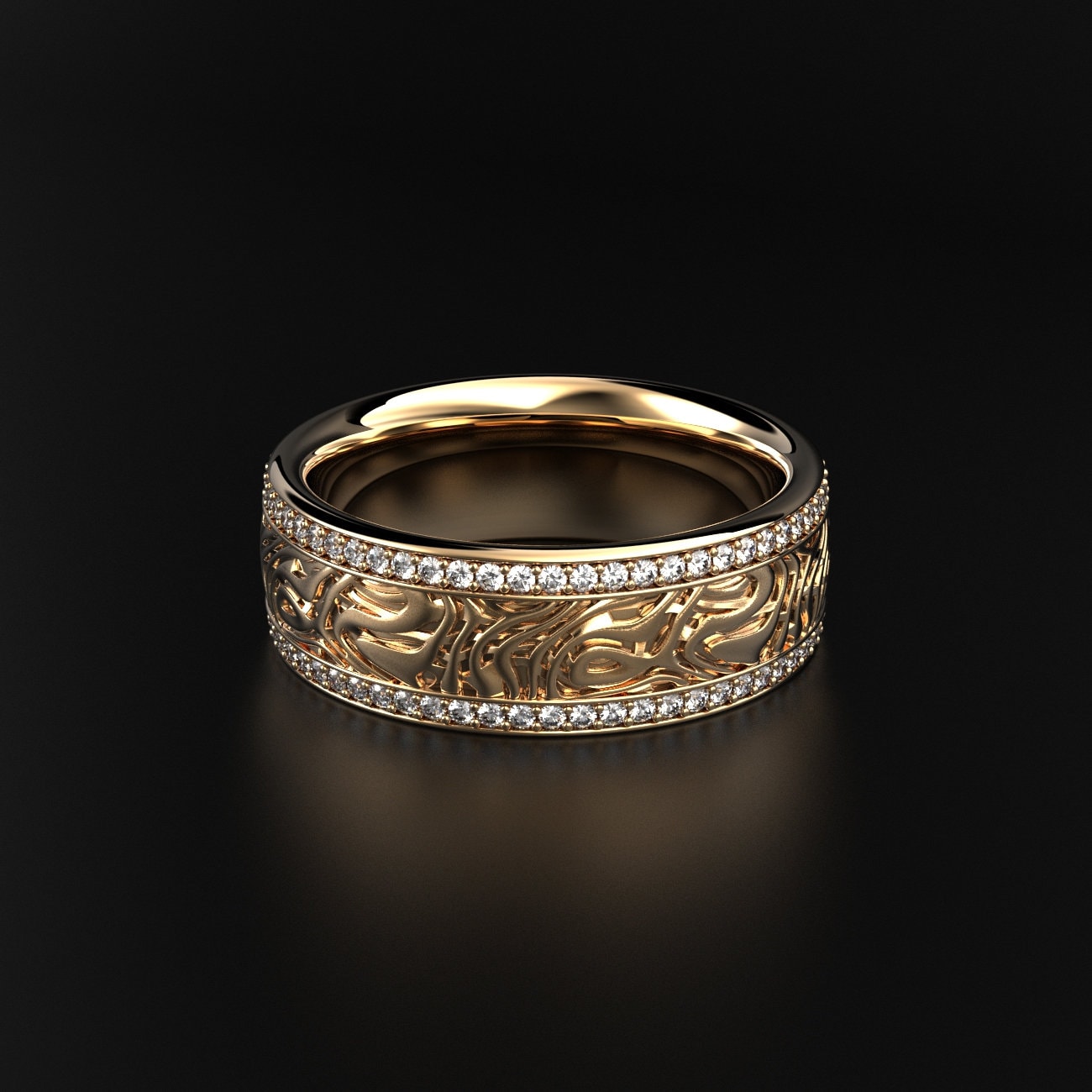 smoky texture men's wedding band with two stone rows, photo 2
