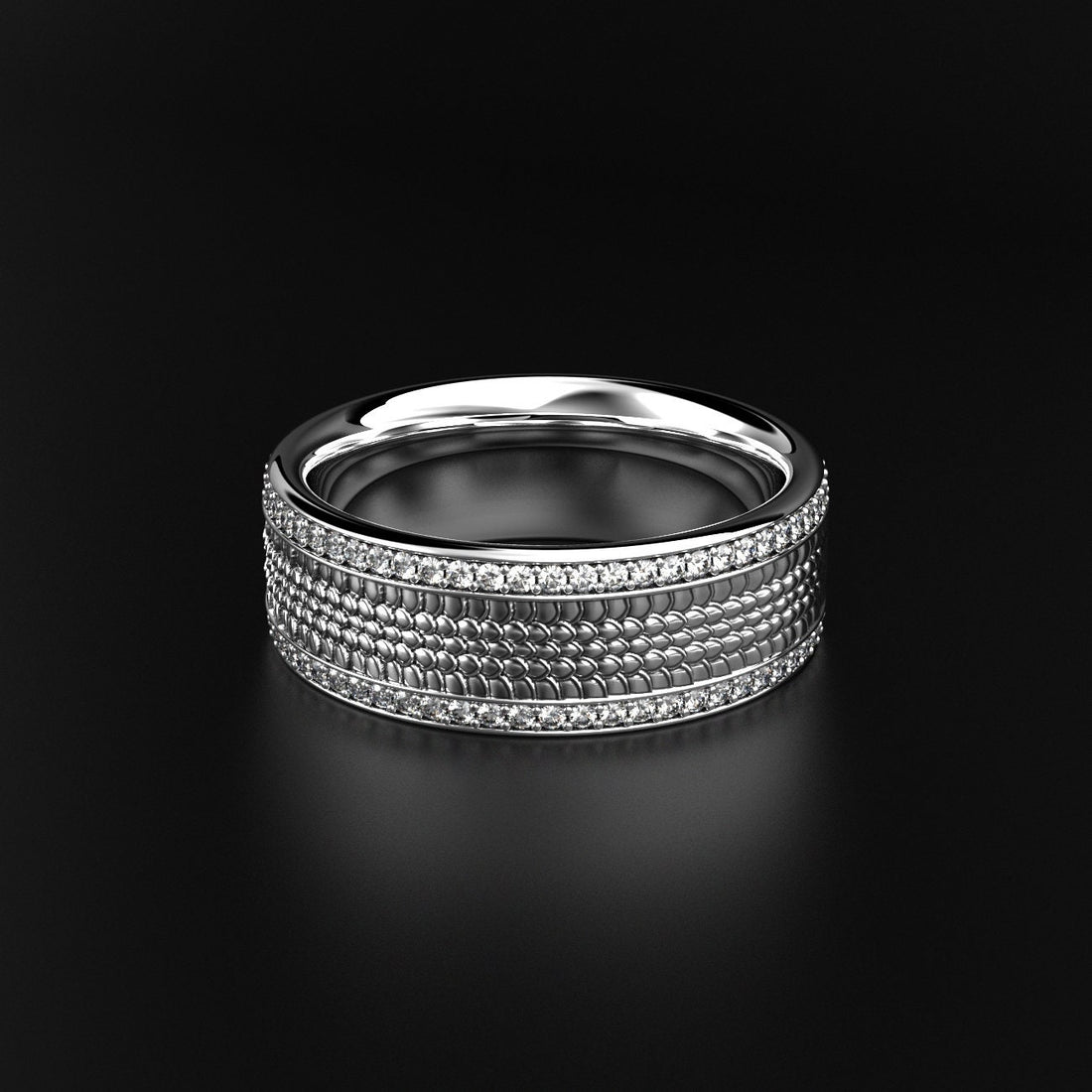 men's snake texture wedding band with two stone rows, photo 2
