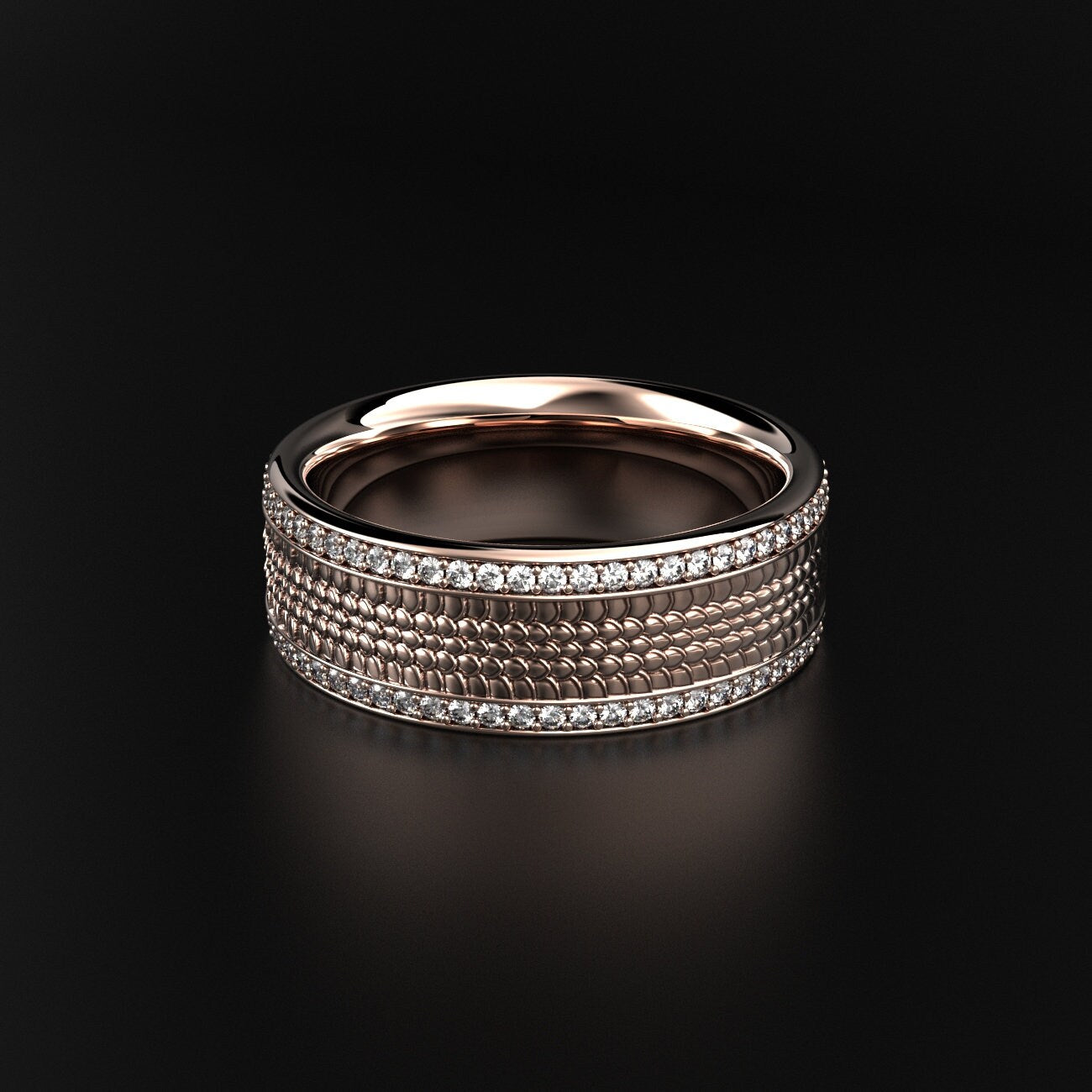 men's snake texture wedding band with two stone rows, photo 3