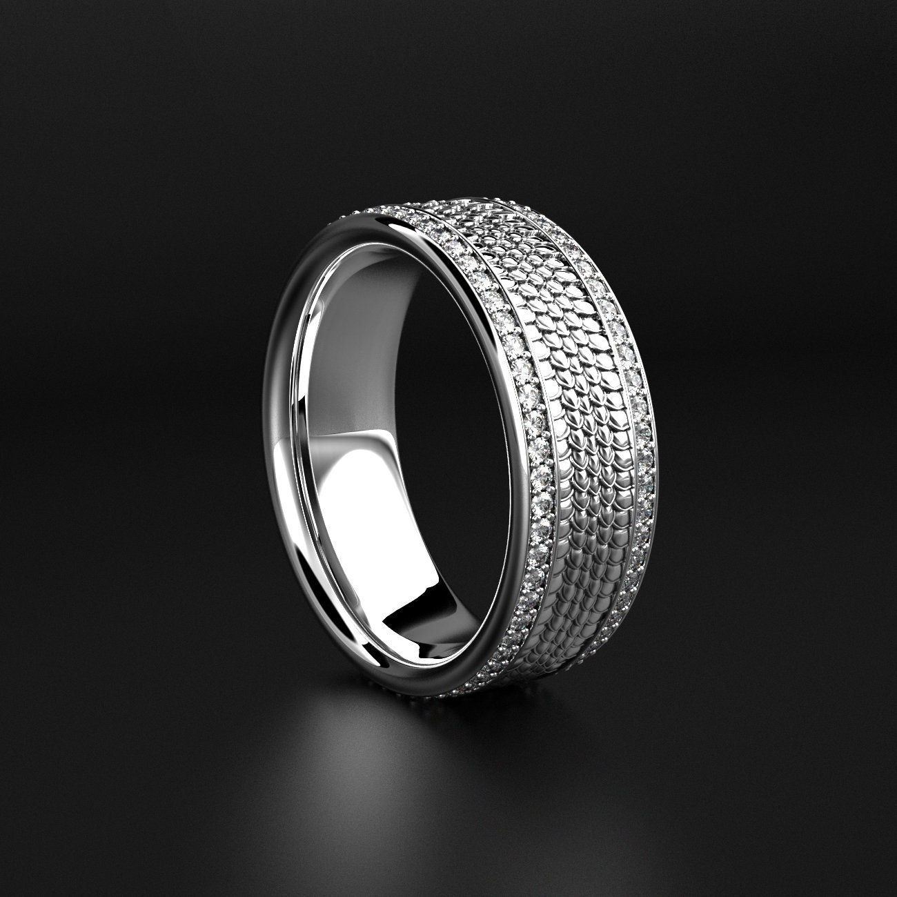 men's snake texture wedding band with two stone rows, photo 6