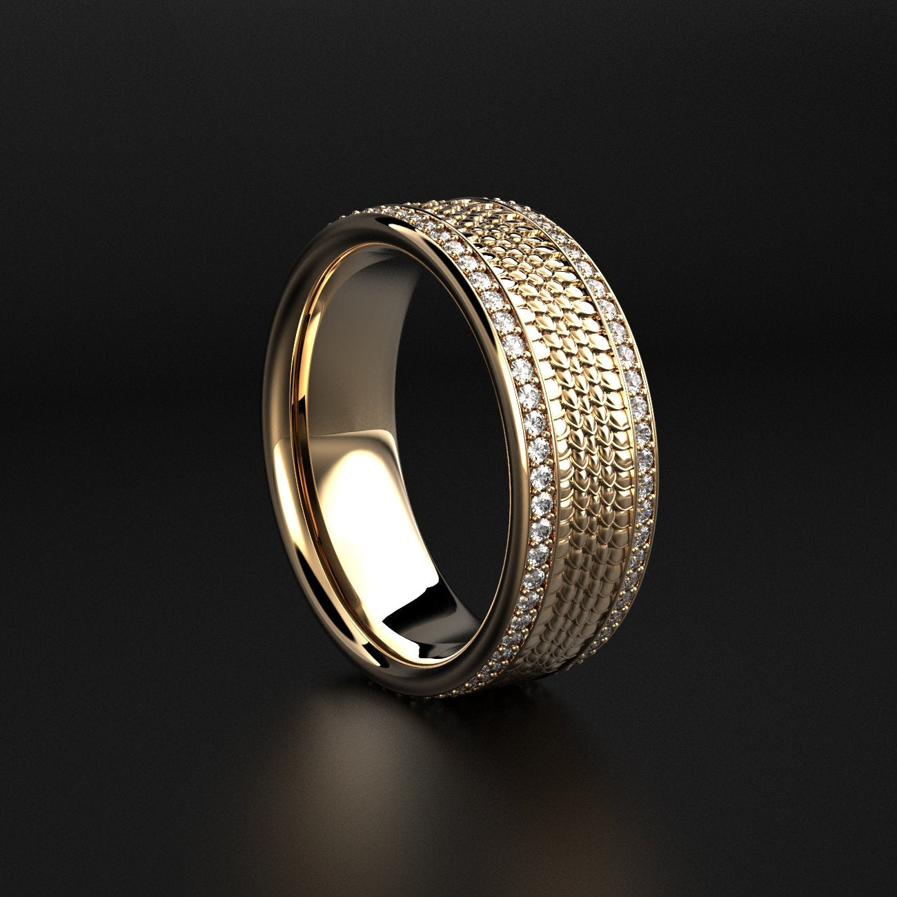 men's snake texture wedding band with two stone rows, photo 5