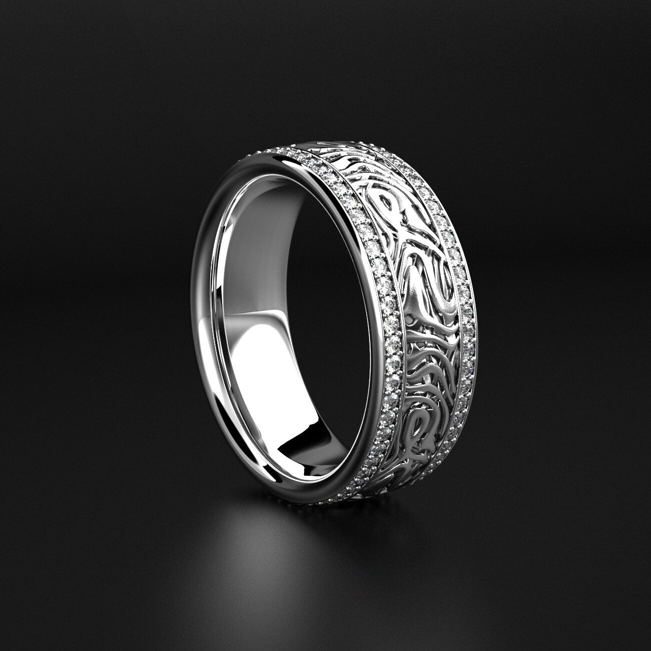 smoky texture men's wedding band with two stone rows, photo 1
