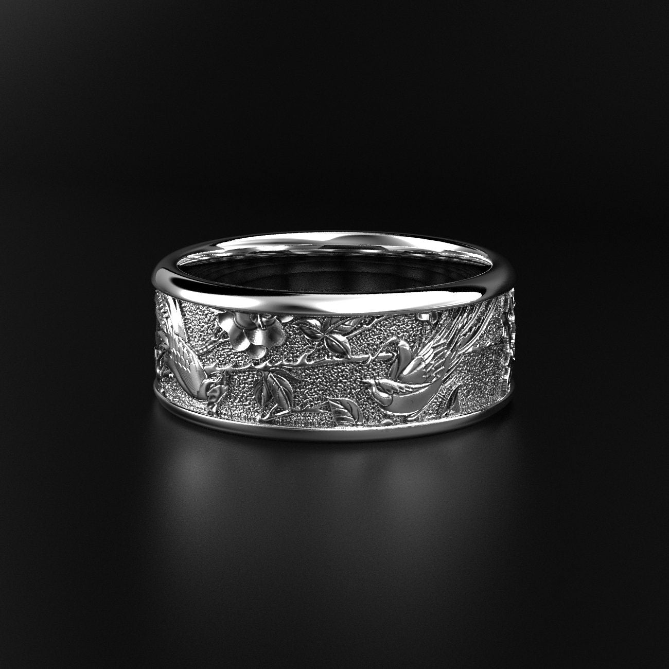 birds and floral wedding ring, nature-inspired band, photo 1