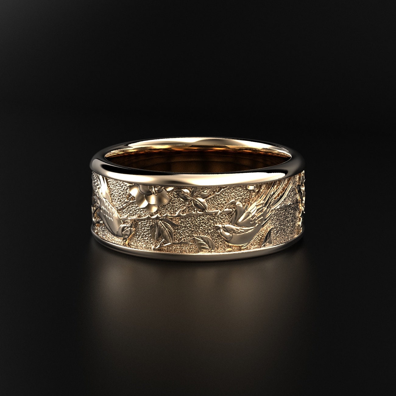 birds and floral wedding ring, nature-inspired band, photo 2