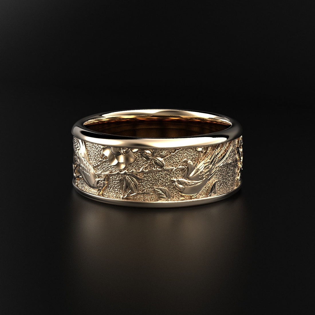 birds and floral wedding ring, nature-inspired band, photo 2