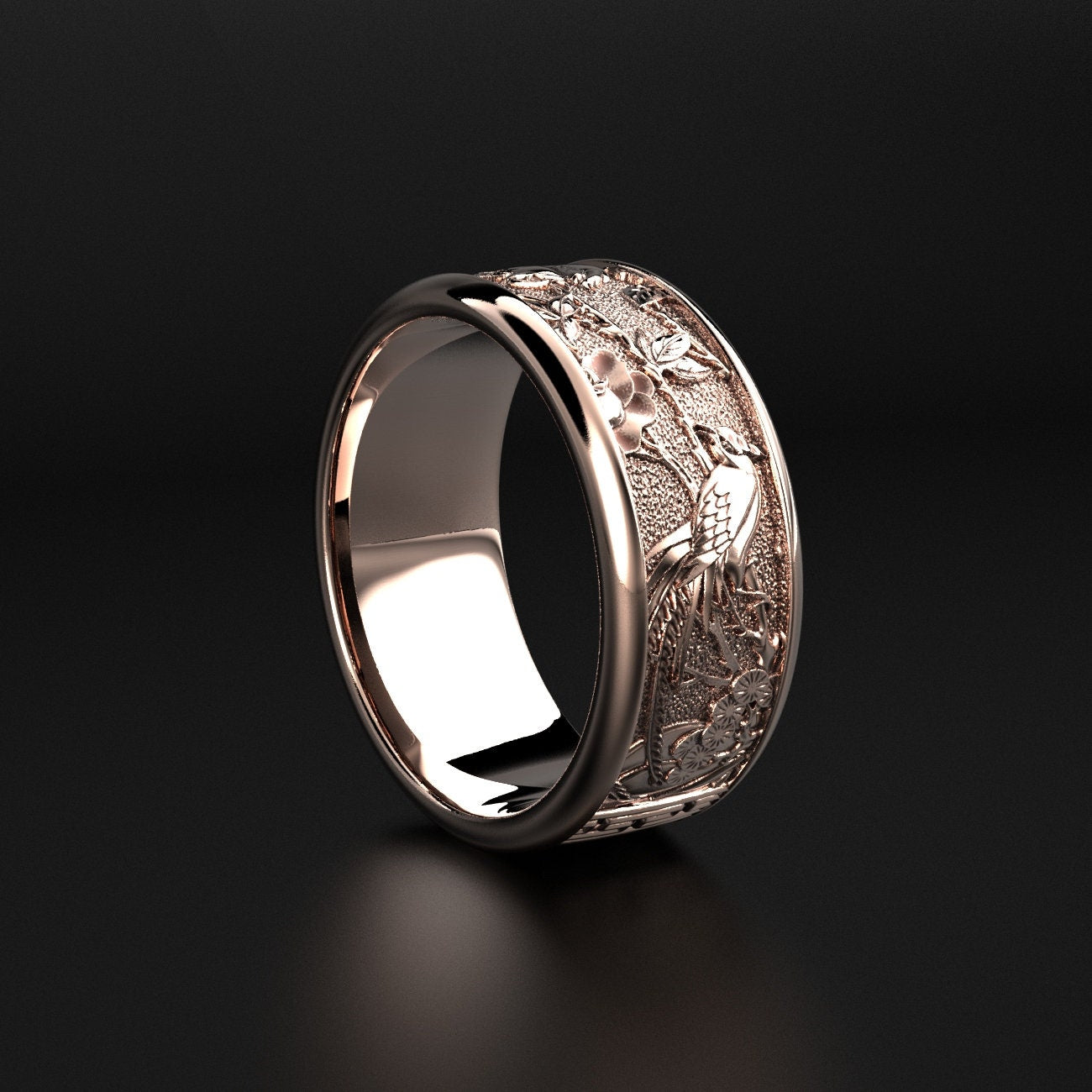 birds and floral wedding ring, nature-inspired band, photo 4