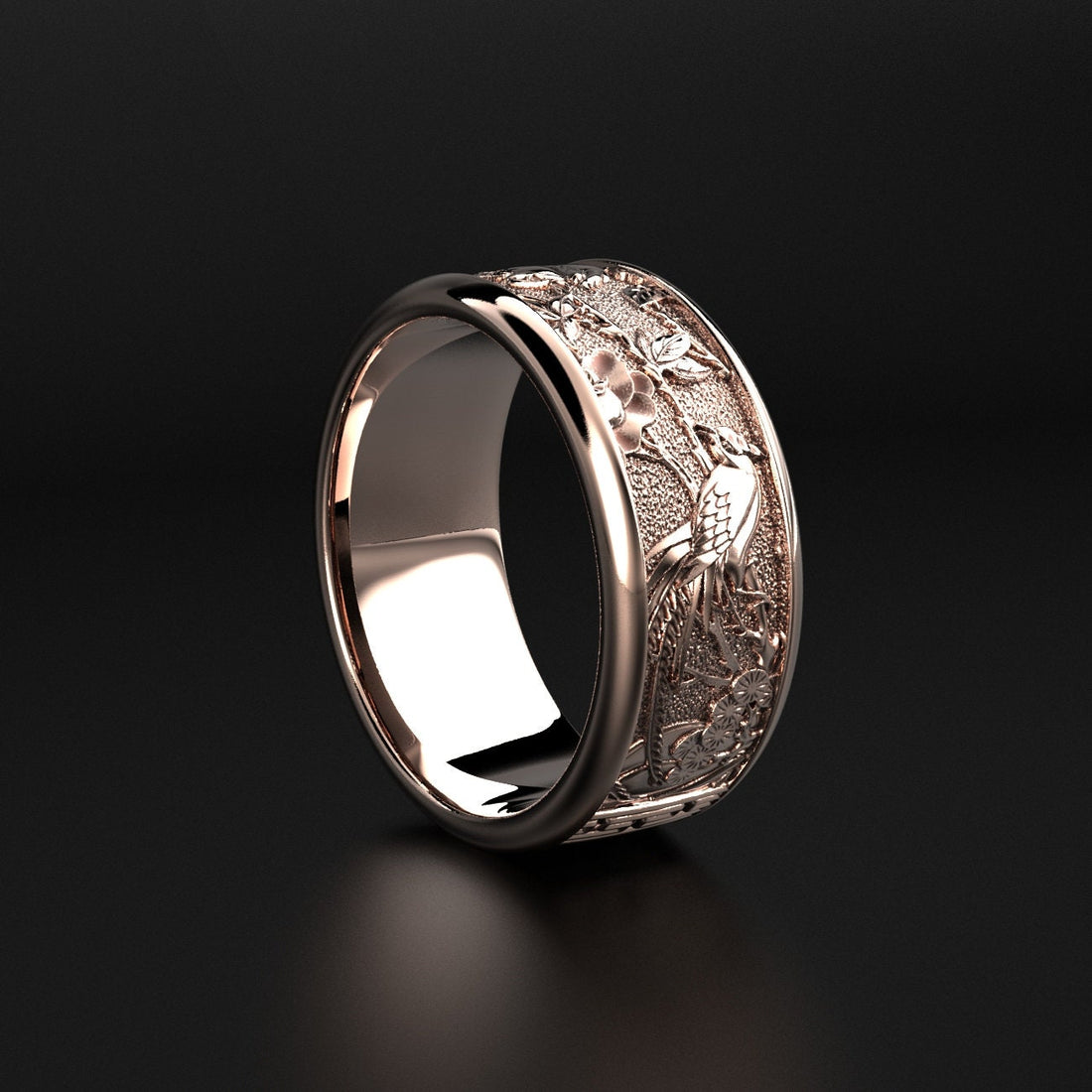 birds and floral wedding ring, nature-inspired band, photo 4