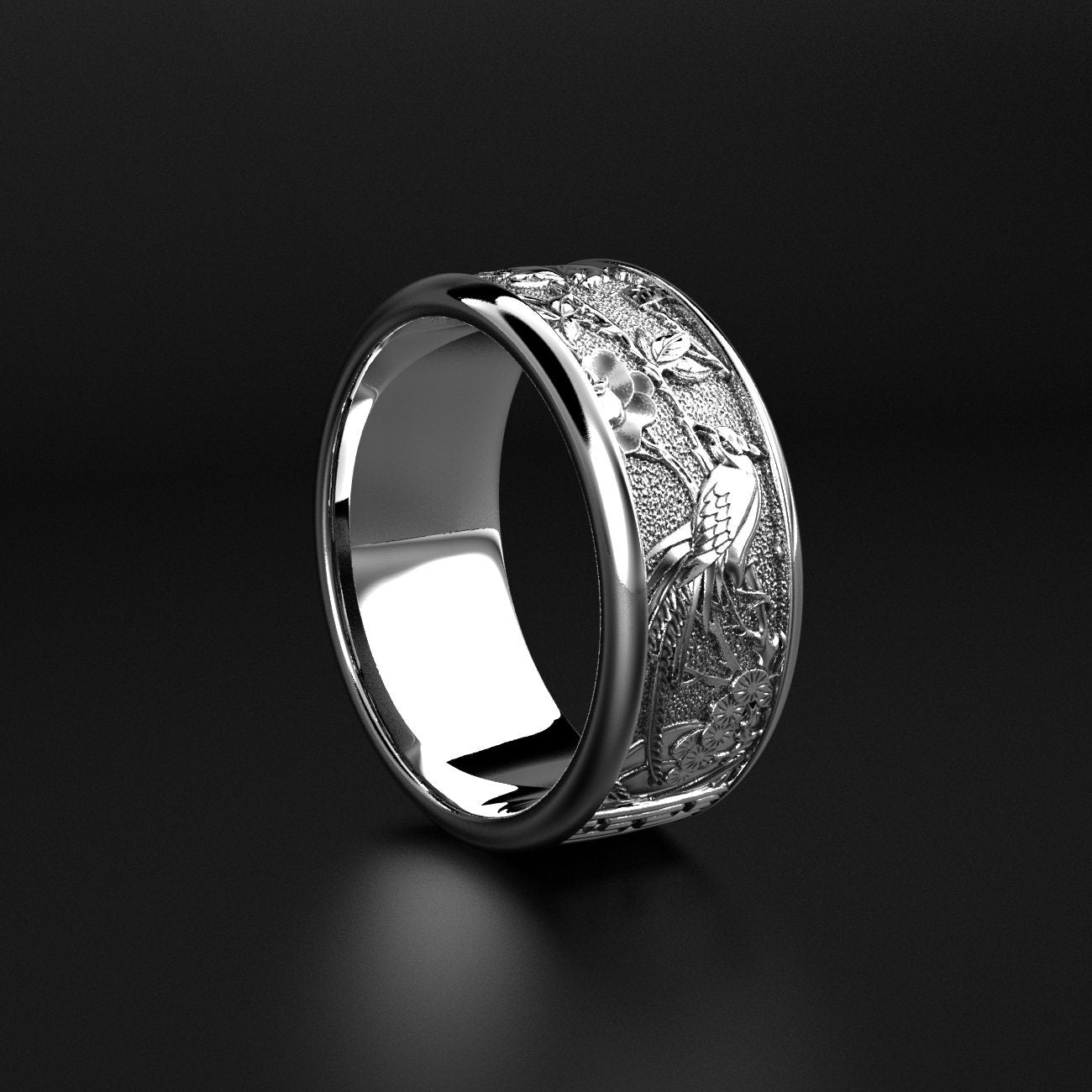 birds and floral wedding ring, nature-inspired band, photo 6