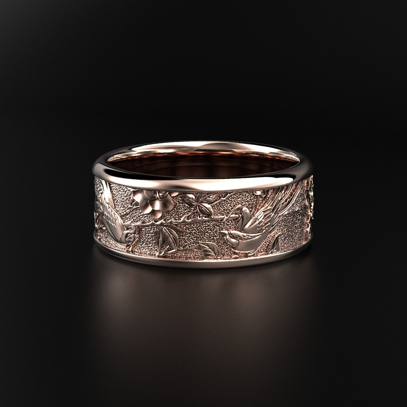 birds and floral wedding ring, nature-inspired band, photo 3