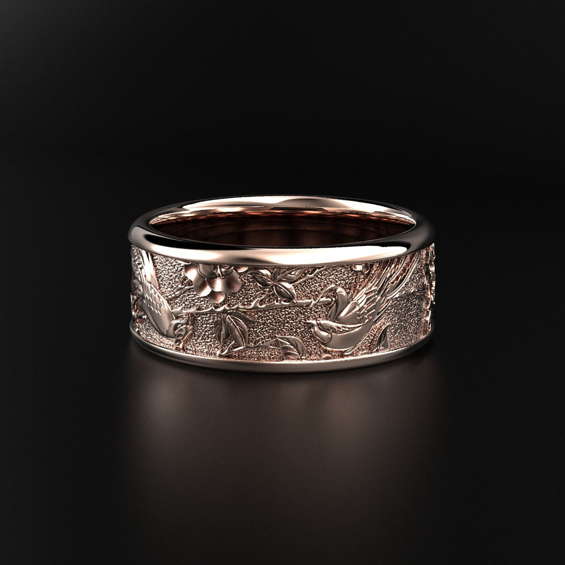 birds and floral wedding ring, nature-inspired band, photo 3