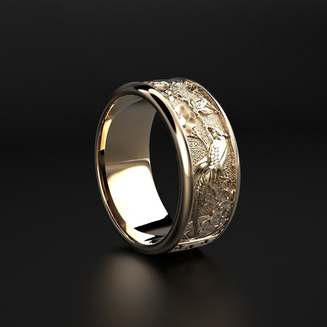 birds and floral wedding ring, nature-inspired band, photo 5