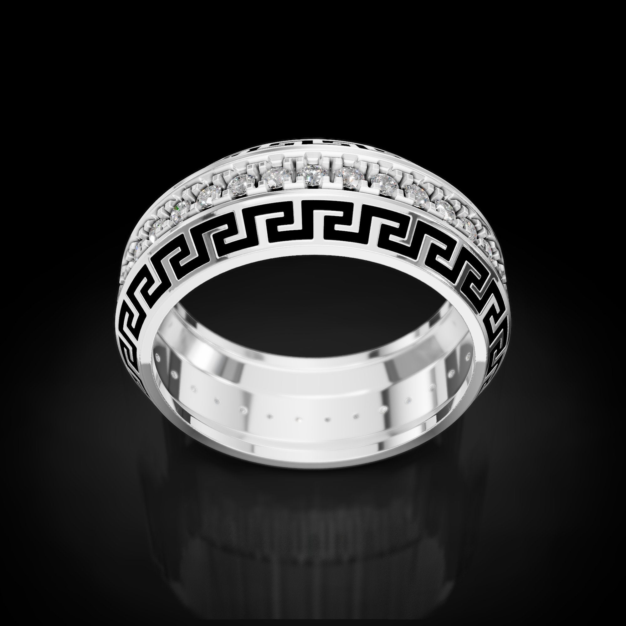 greek key wedding band with black enamel and a stone row, photo 6