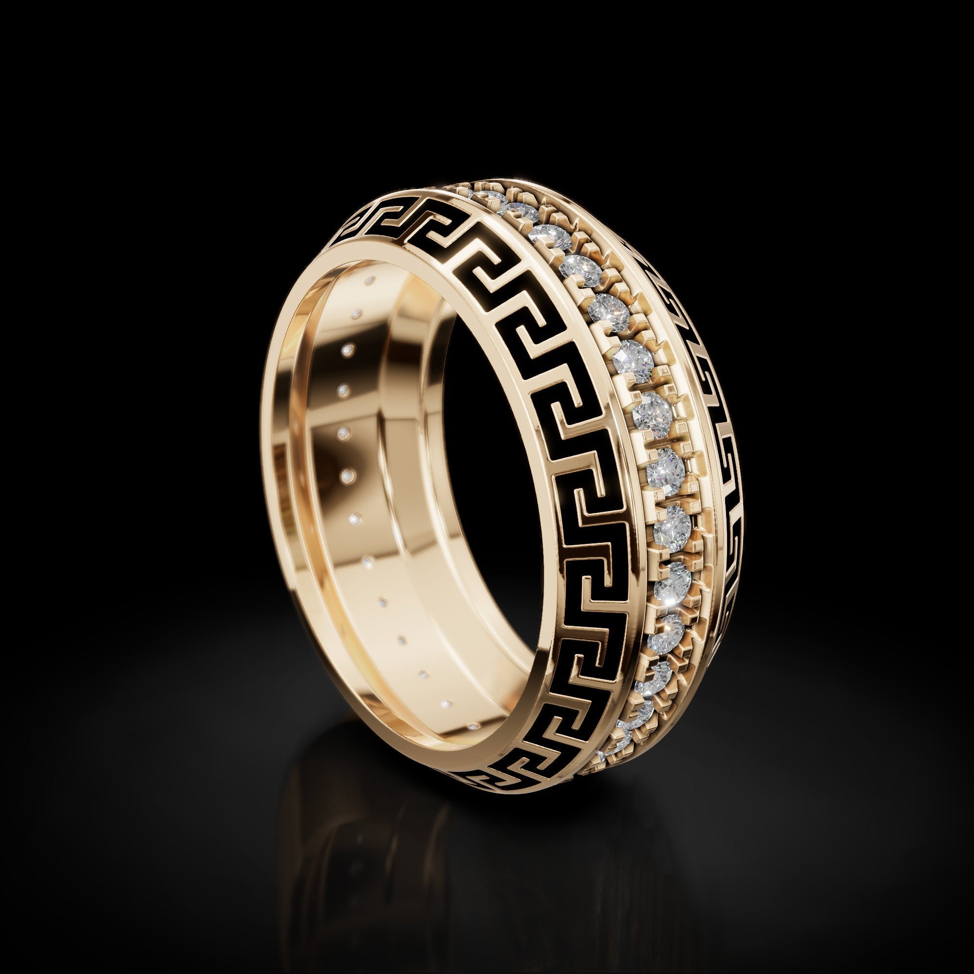 greek key wedding band with black enamel and a stone row, photo 1