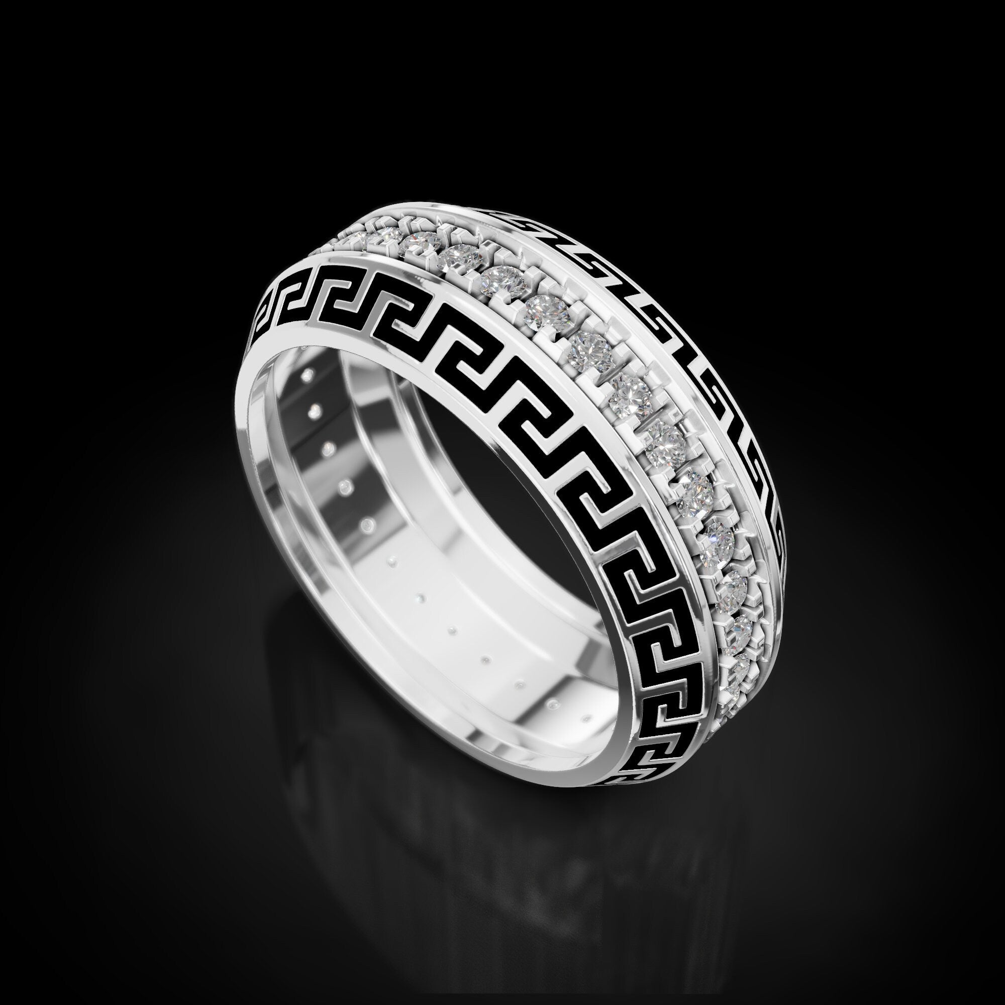 greek key wedding band with black enamel and a stone row, photo 5