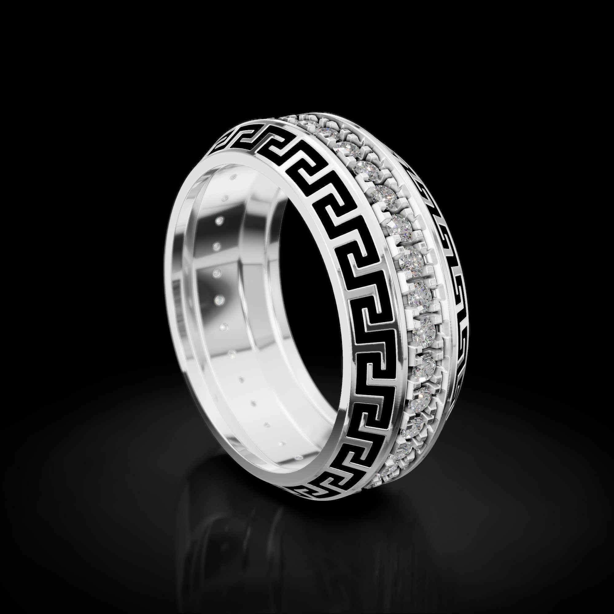 greek key wedding band with black enamel and a stone row, photo 3