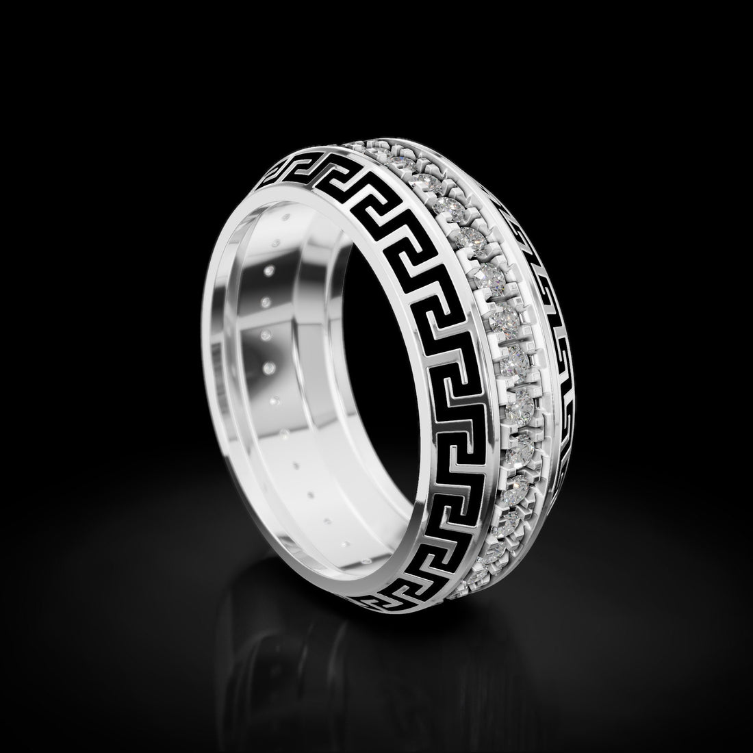 greek key wedding band with black enamel and a stone row, photo 3
