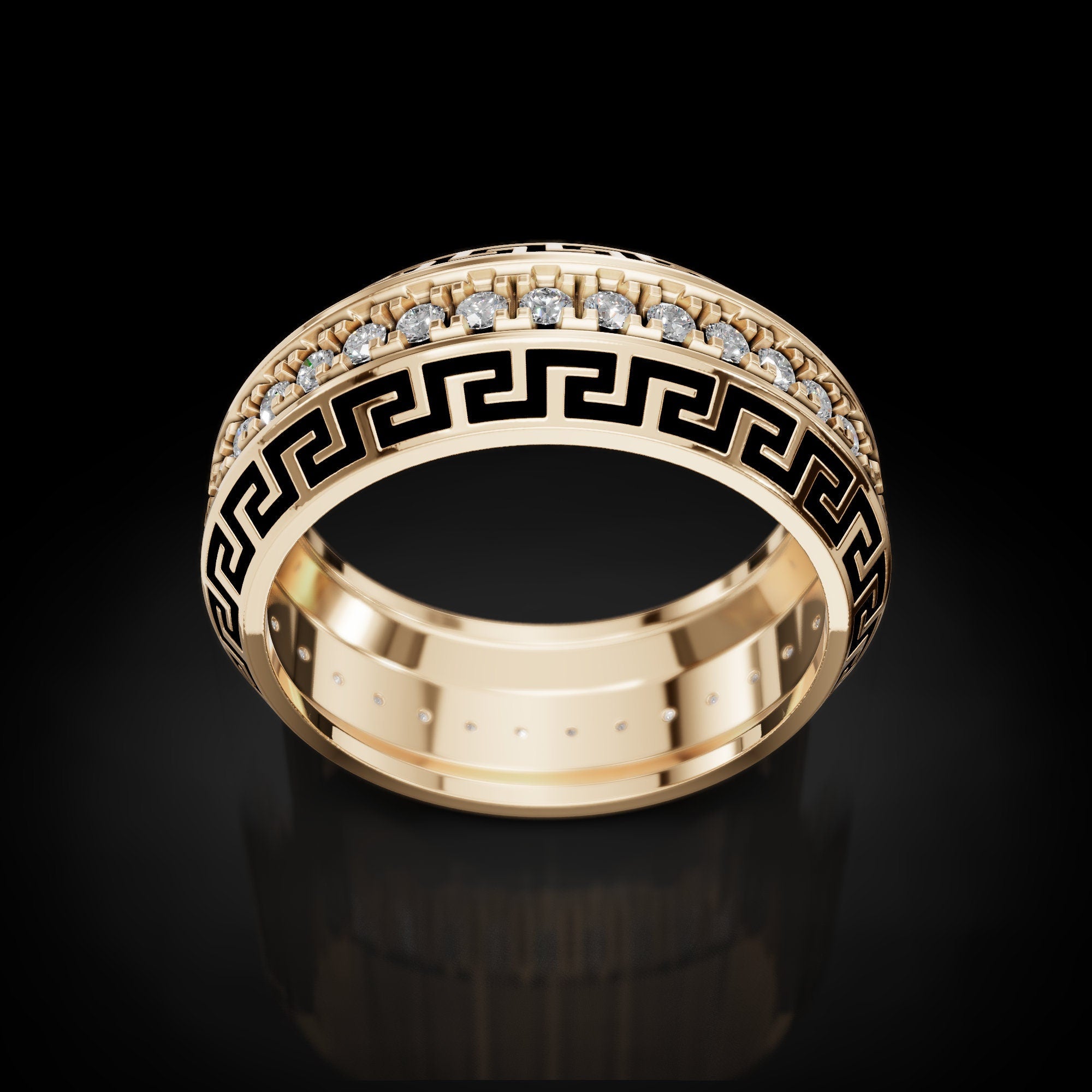 greek key wedding band with black enamel and a stone row, photo 7