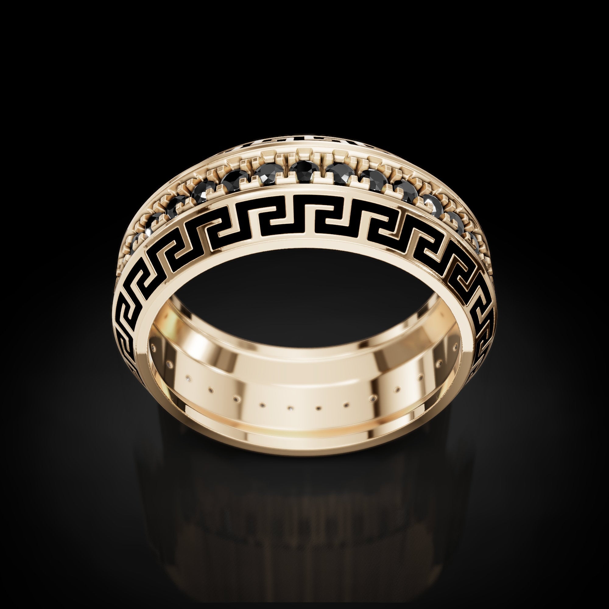 greek key wedding band with black enamel and a stone row, photo 9