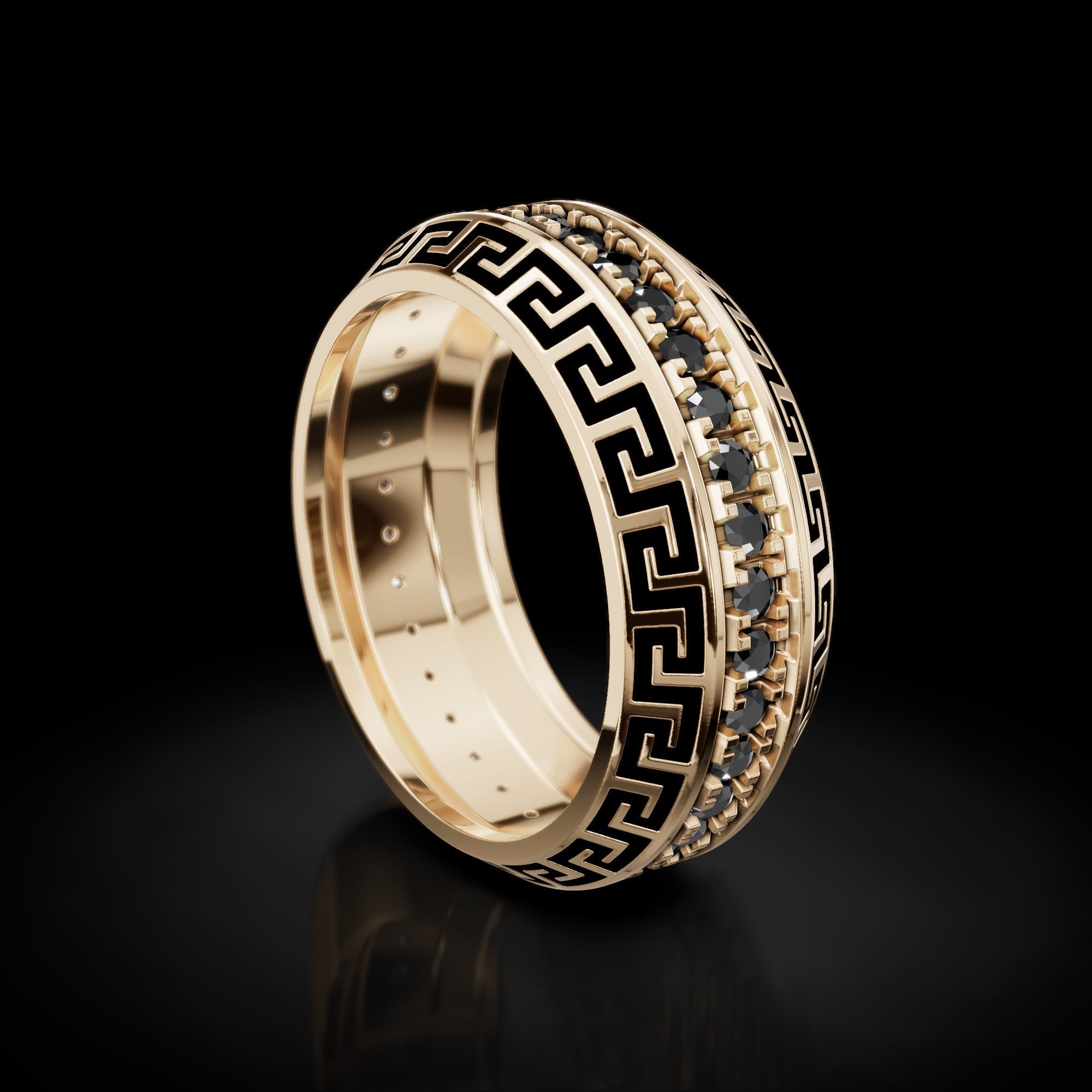 greek key wedding band with black enamel and a stone row, photo 8