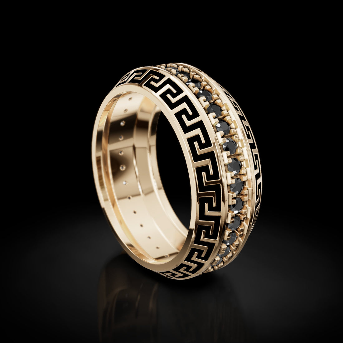 greek key wedding band with black enamel and a stone row, photo 8