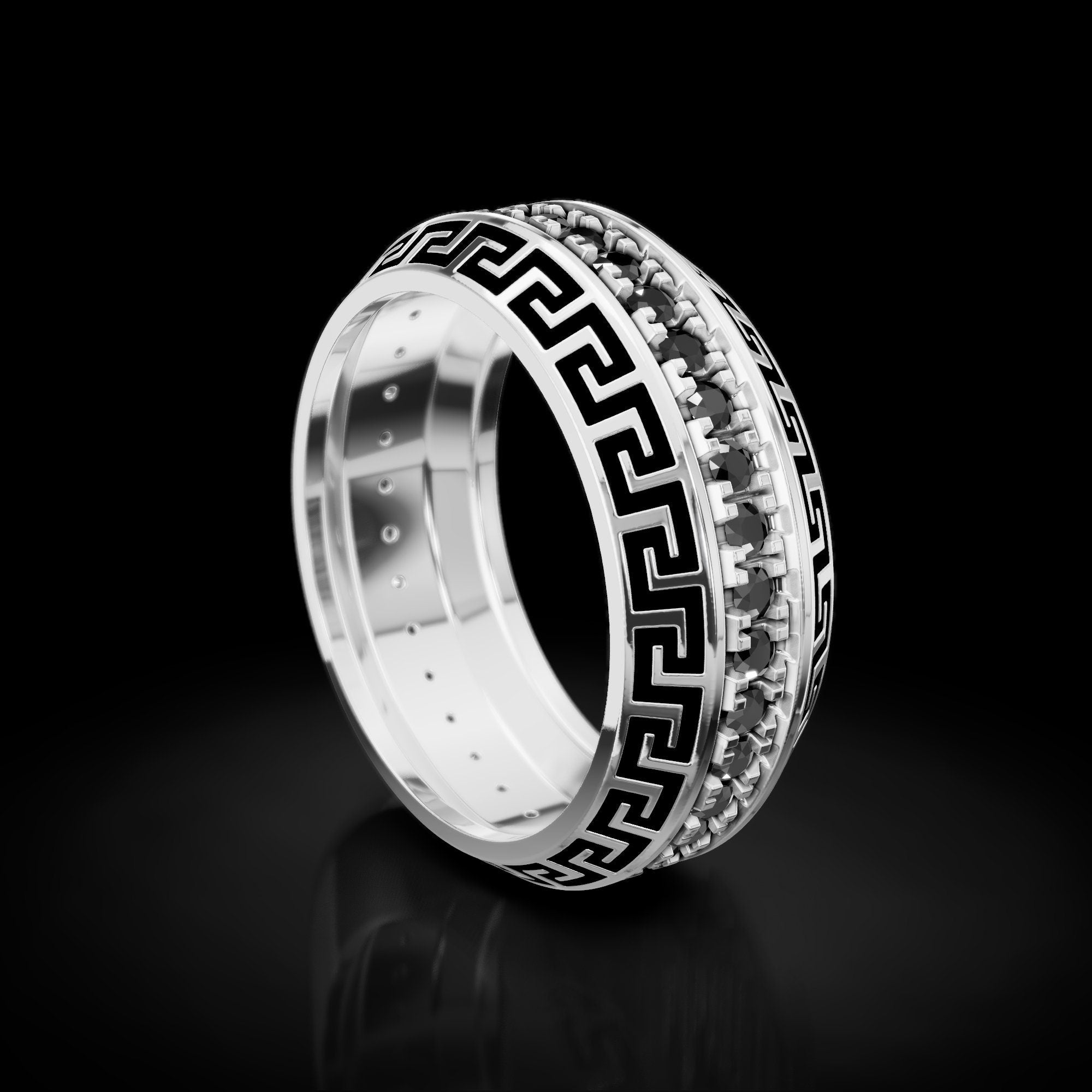 greek key wedding band with black enamel and a stone row, photo 10