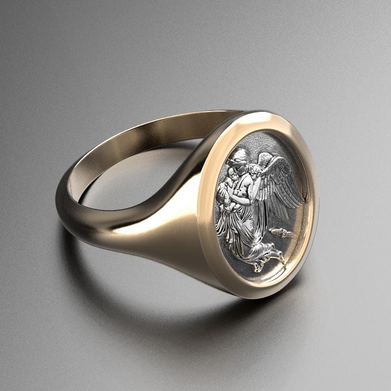 guardian angel signet ring in two-tone silver and gold, photo 1