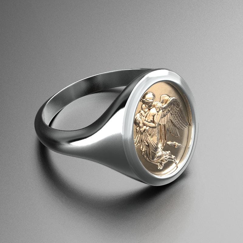 guardian angel signet ring in two-tone silver and gold, photo 3
