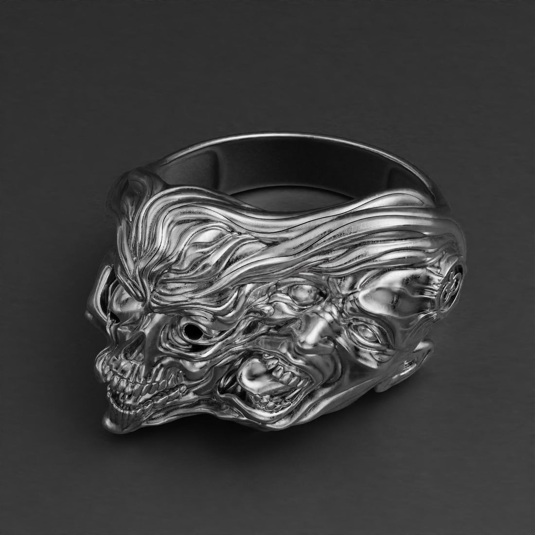 two-face skull ring in sterling silver, gothic biker band, photo 6
