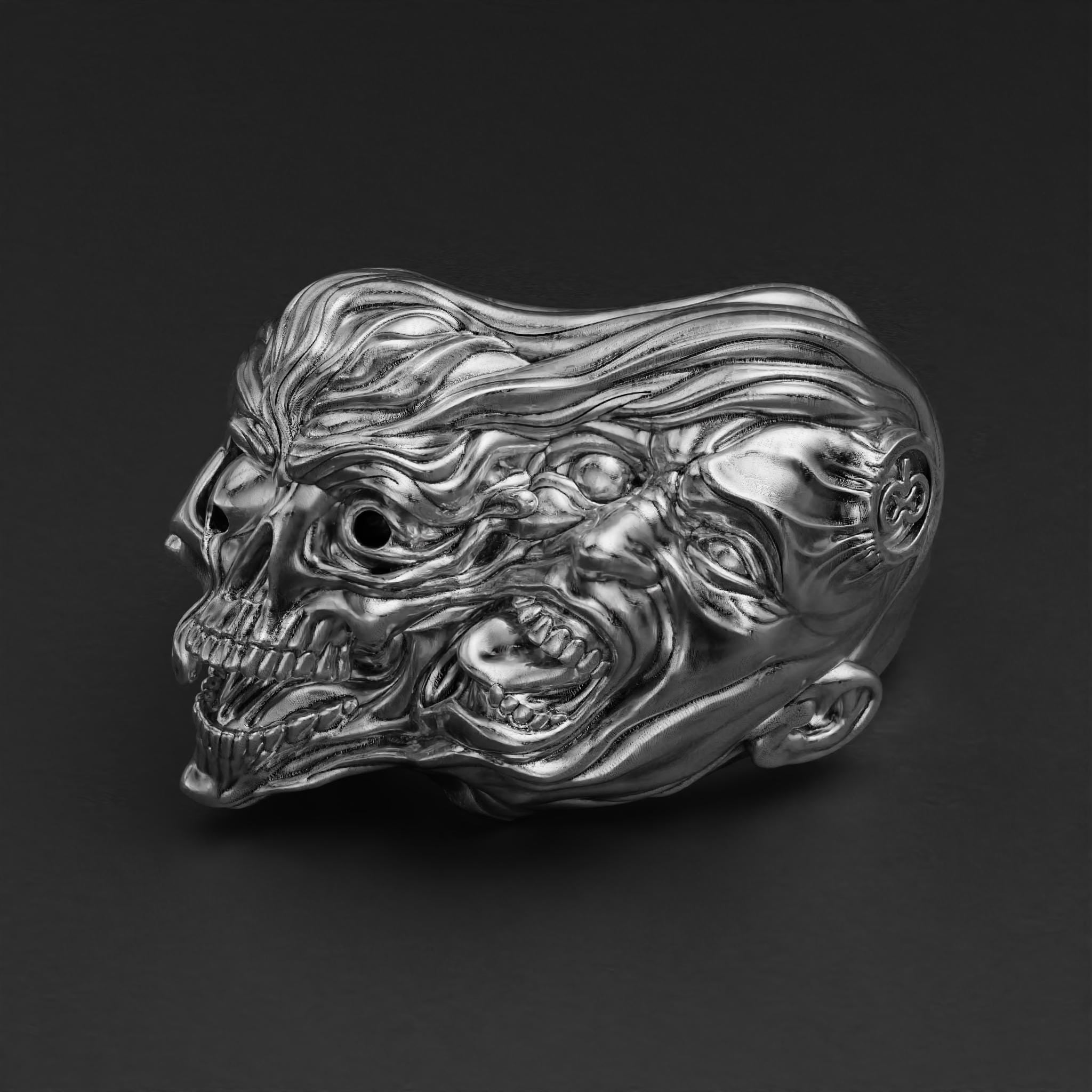 two-face skull ring in sterling silver, gothic biker band, photo 5