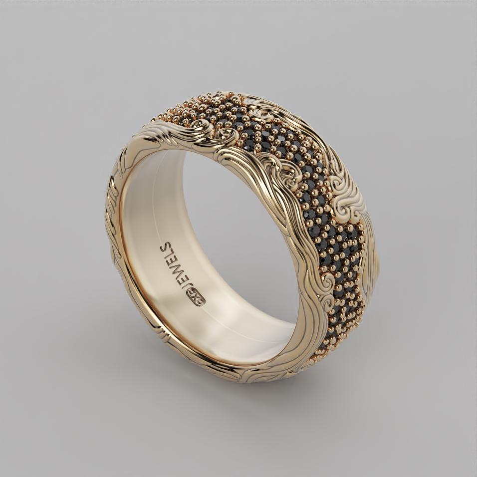 wave band ring with black pave, ocean wave design, photo 9
