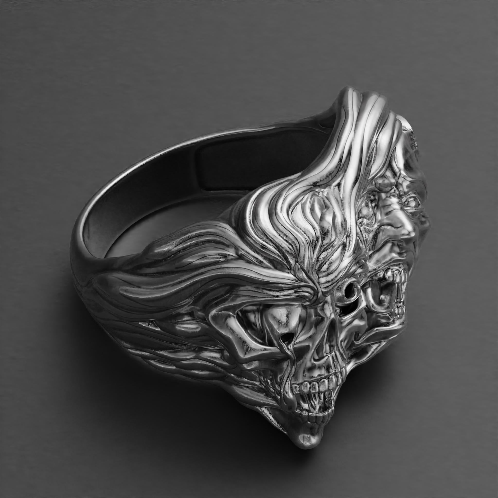 two-face skull ring in sterling silver, gothic biker band, photo 7