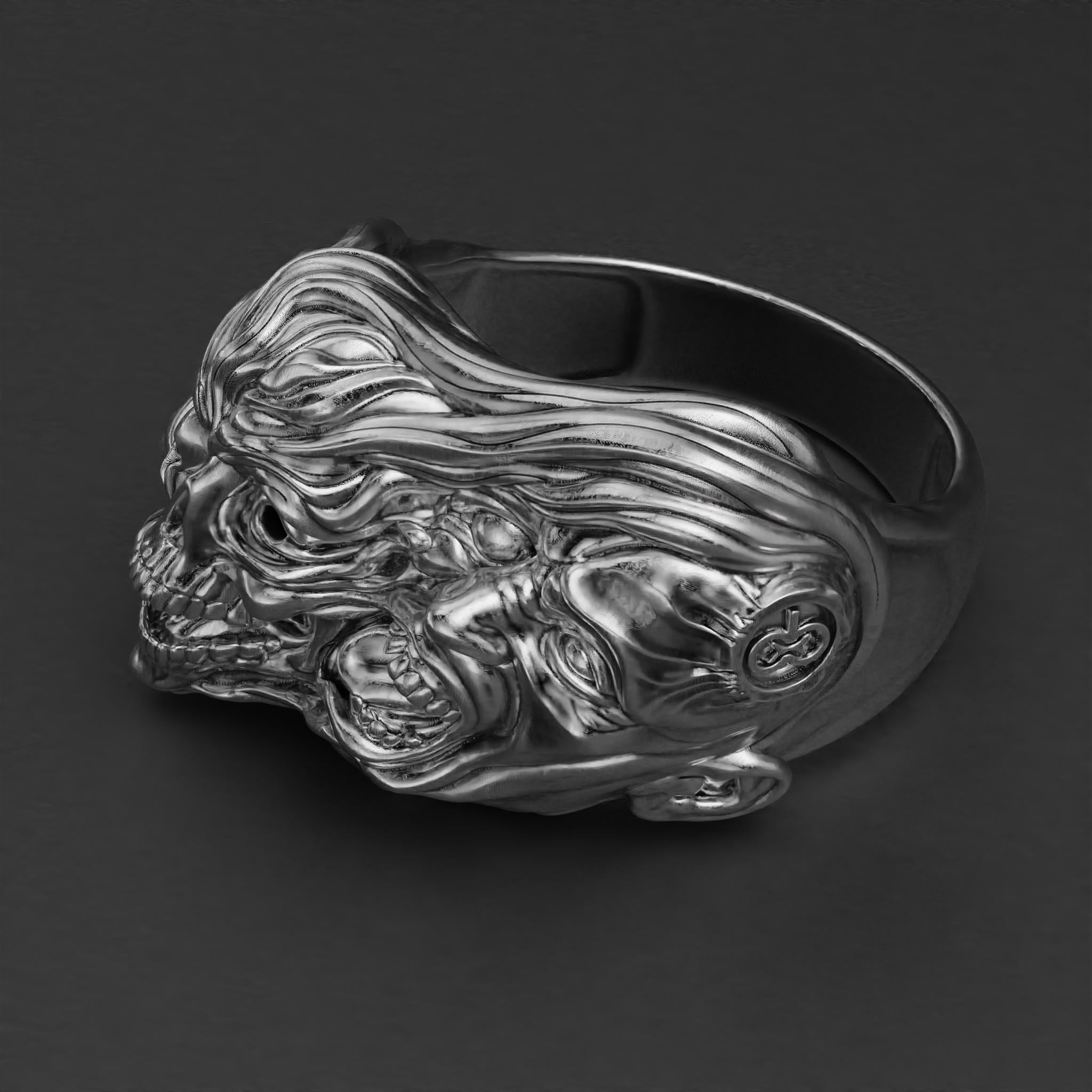 two-face skull ring in sterling silver, gothic biker band, photo 9