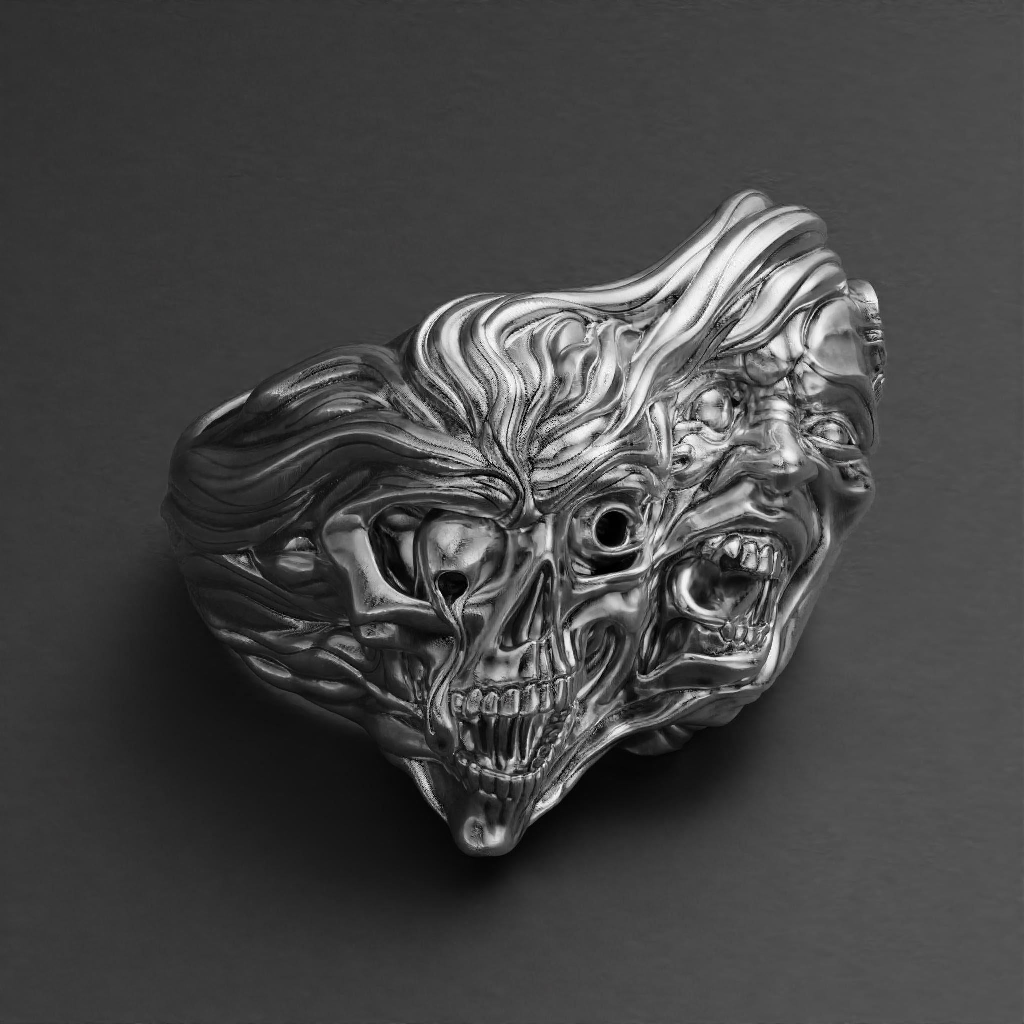 two-face skull ring in sterling silver, gothic biker band, photo 8