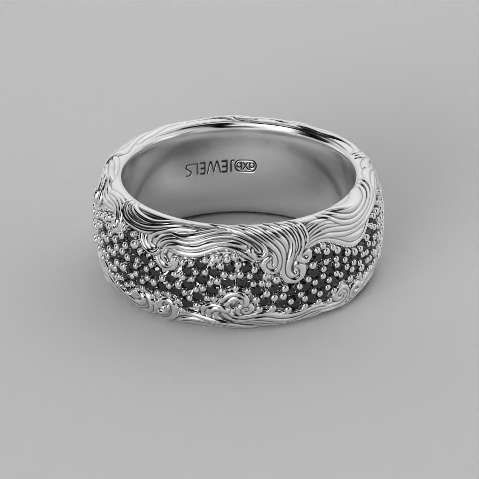 wave band ring with black pave, ocean wave design, photo 10