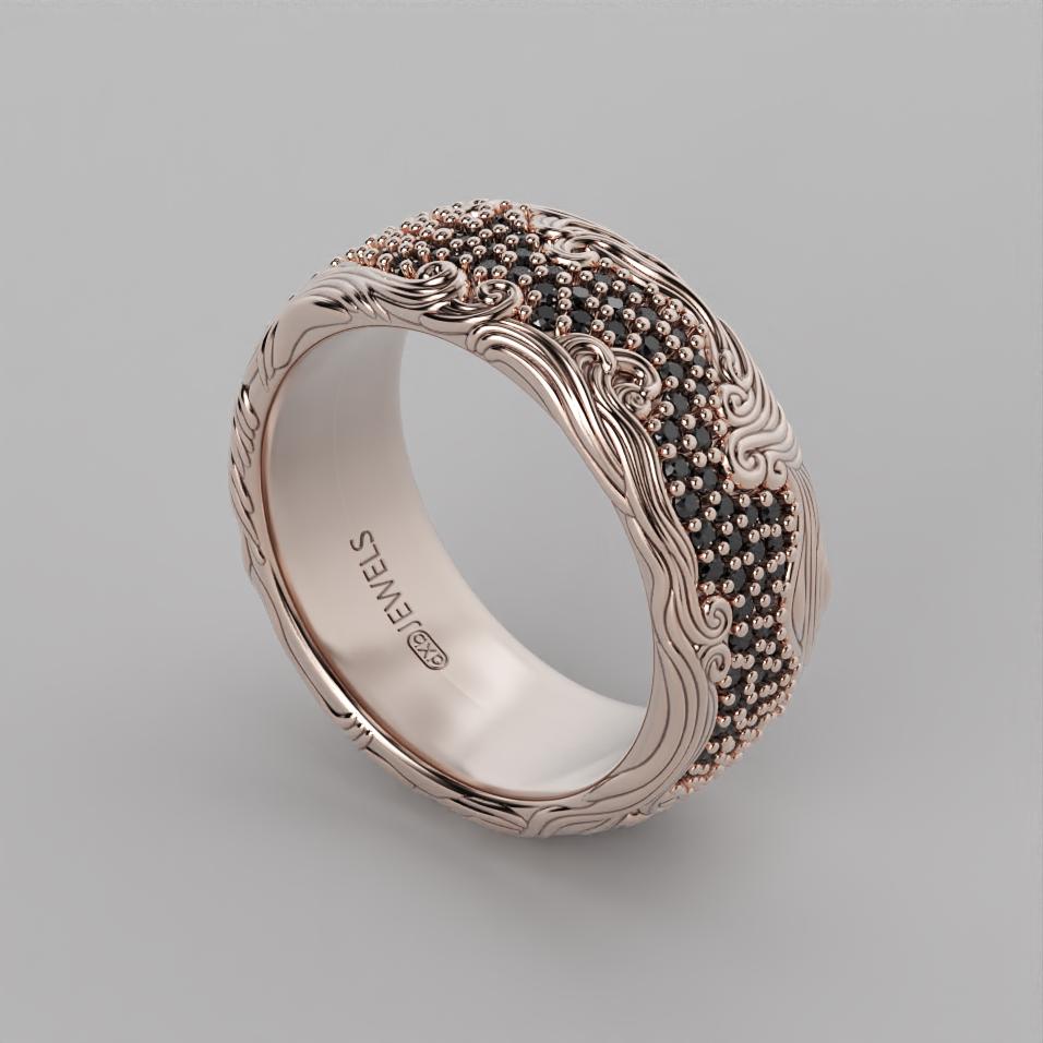 wave band ring with black pave, ocean wave design, photo 8