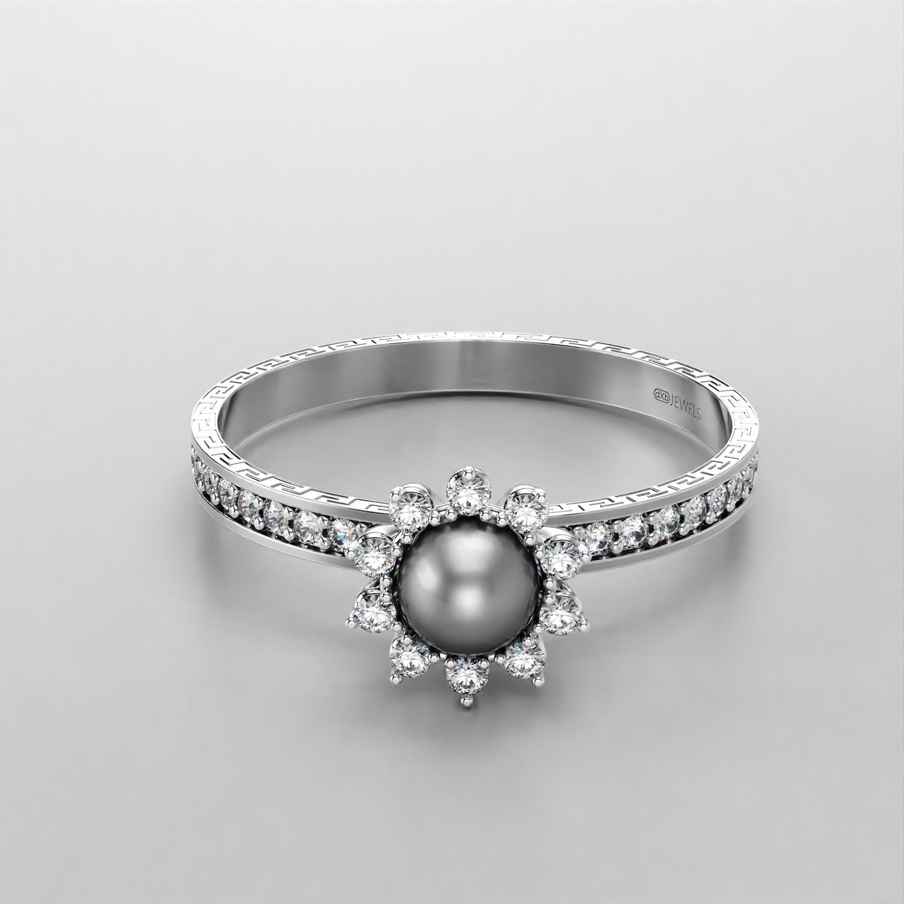 pearl wedding ring with greek key motif in gold, photo 2