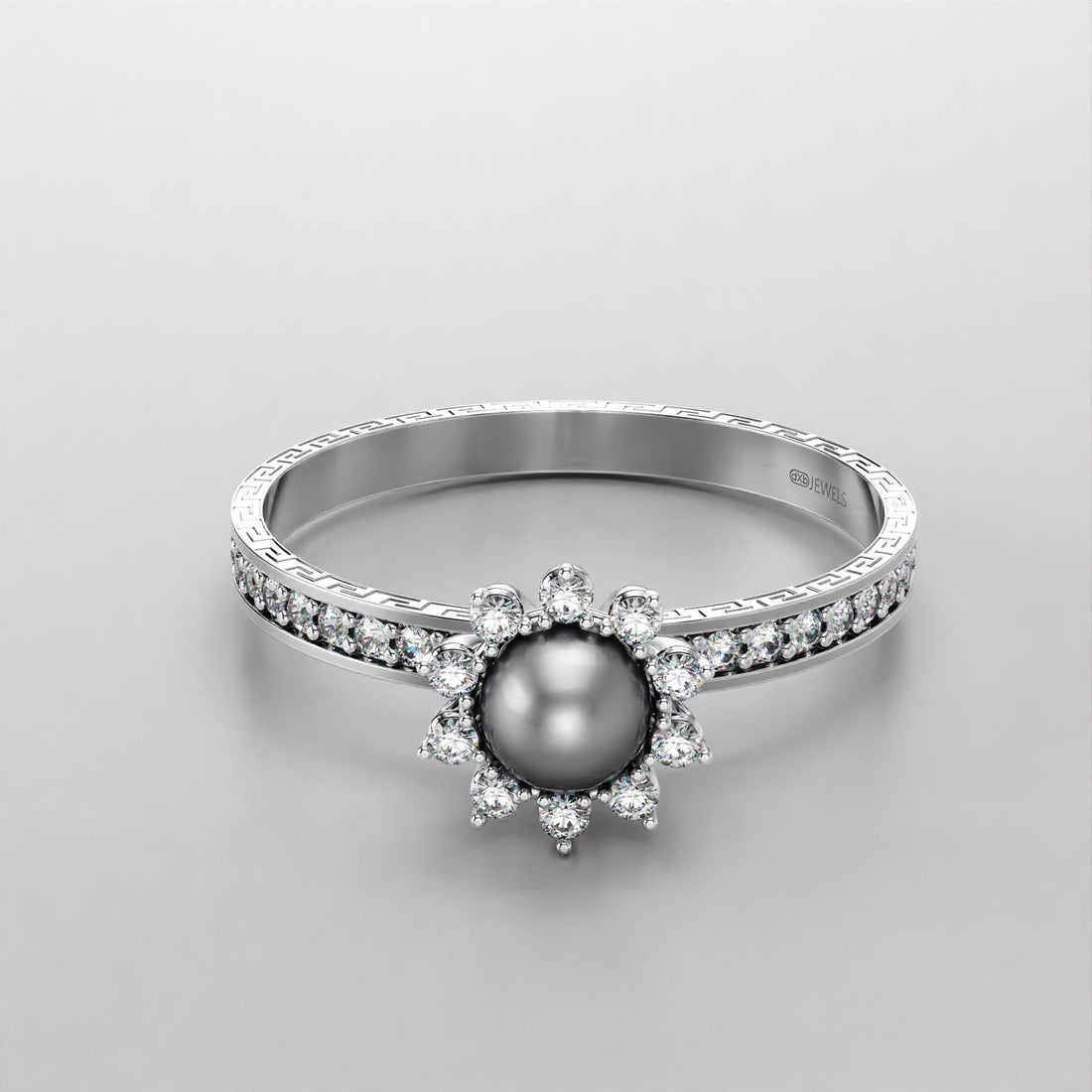pearl wedding ring with greek key motif in gold, photo 2