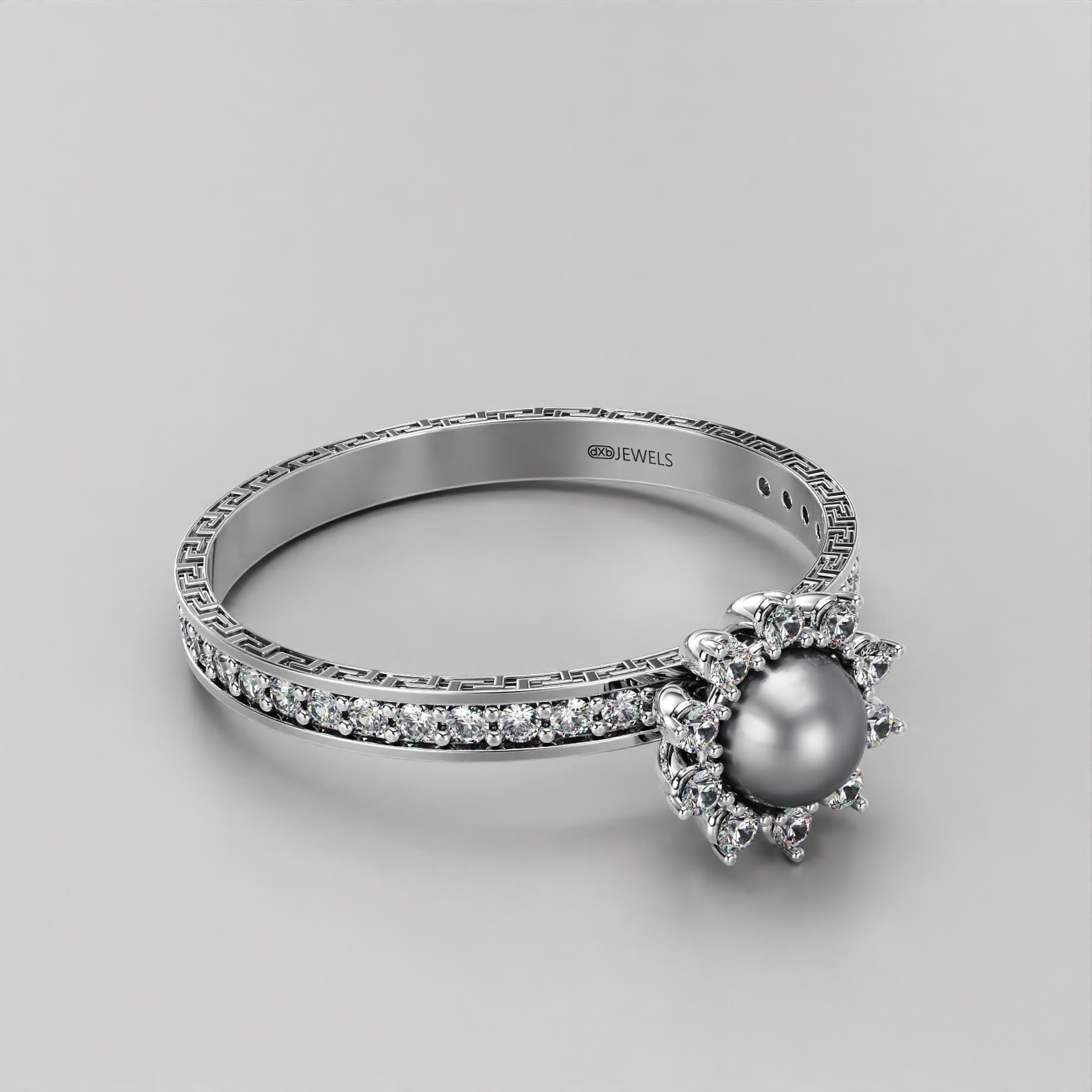 pearl wedding ring with greek key motif in gold, photo 1