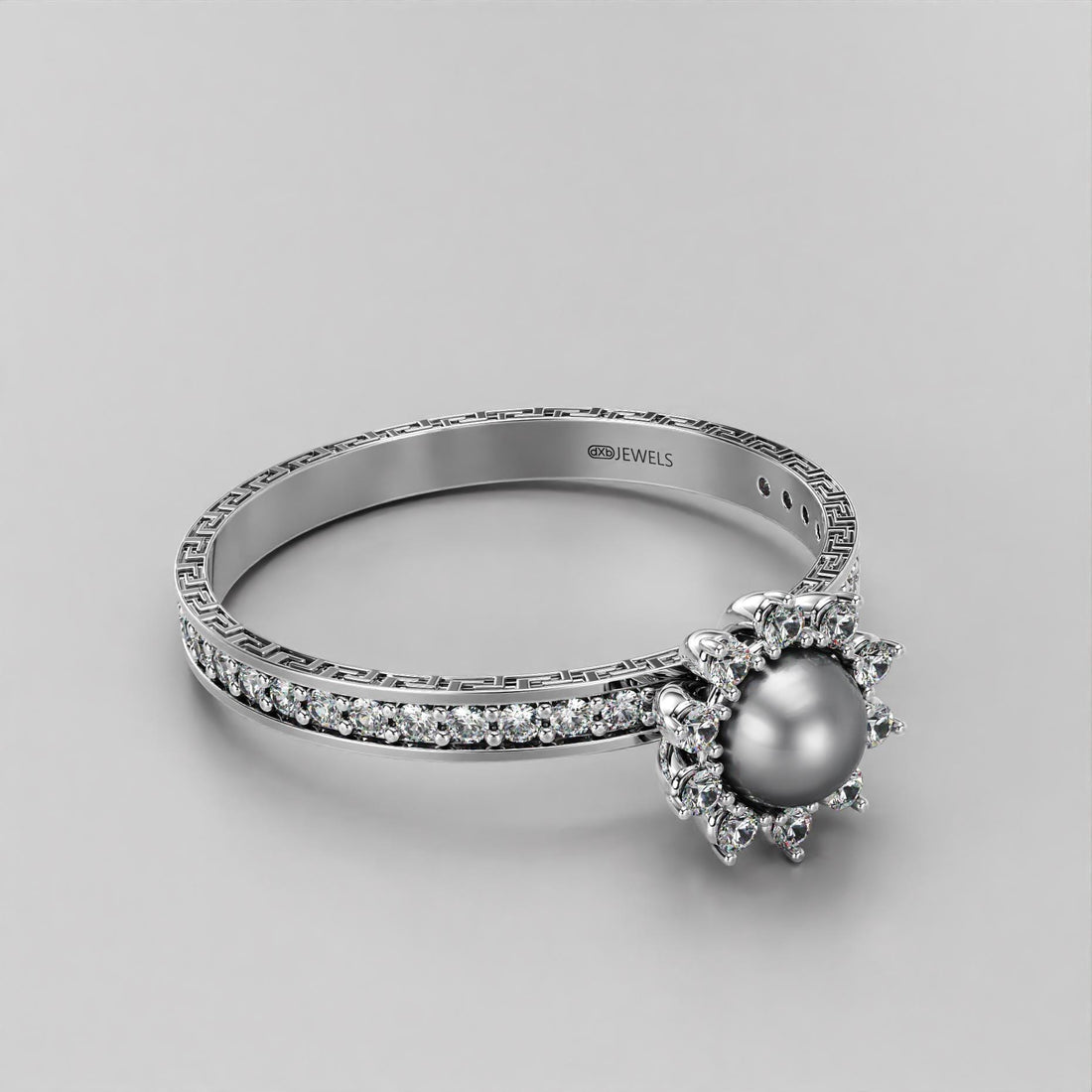 pearl wedding ring with greek key motif in gold, photo 1