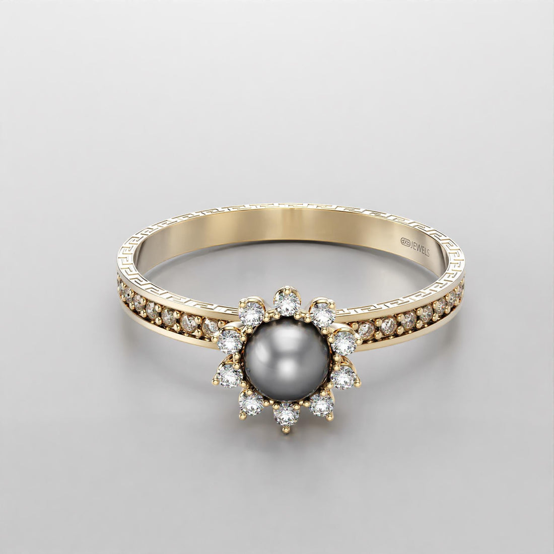 pearl wedding ring with greek key motif in gold, photo 7
